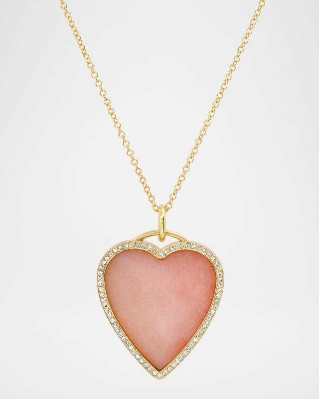 18K Yellow Gold Large Inlay Heart Necklace with Pink Opal and Diamonds
